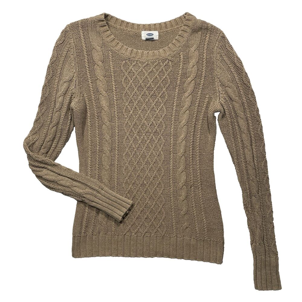Old Navy Cable Knit Sweater Women's Medium Camel Brown Fall Crew Neck Pullover